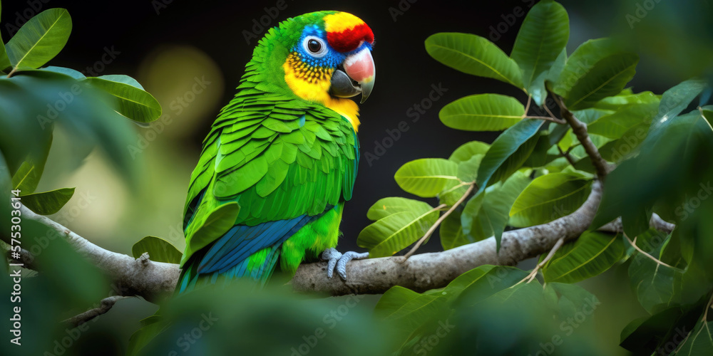 Cheerful Parrot Perched on Tree Branch with Colorful Feathers and Cute Face (created with Generative AI) Cheerful Parrot Perched on Tree Branch with Colorful Feathers and Cute Face (created with Generative AI)