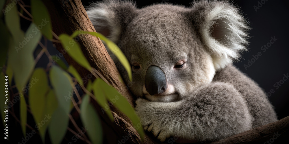 Fototapeta premium Cuddly Koala Nuzzling into Tree Branch with Sleepy Comfort (created with Generative AI)