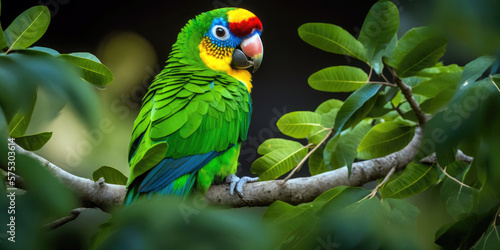 Cheerful Parrot Perched on Tree Branch with Colorful Feathers and Cute Face (created with Generative AI)