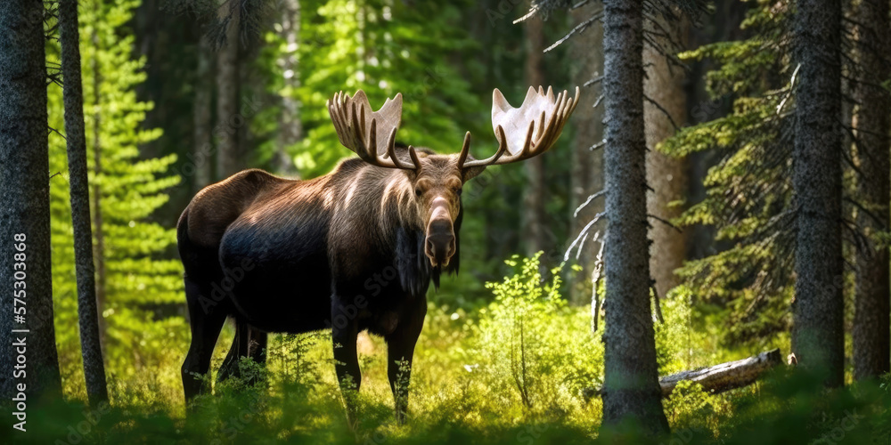 Majestic Moose Walking in the Forest with Enormous Antlers (created with Generative AI) - obrazy, fototapety, plakaty 