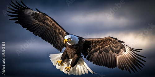 Majestic Bald Eagle Soaring through Blue Sky with Sharp Talons and Powerful Wings (created with Generative AI) © AstralAngel