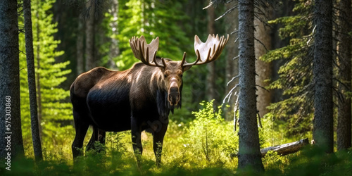 Majestic Moose Walking in the Forest with Enormous Antlers (created with Generative AI)