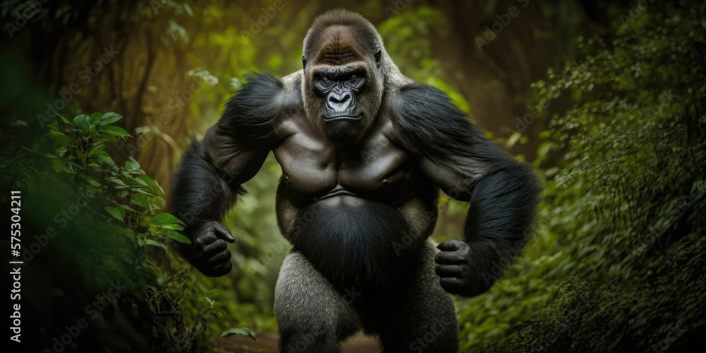 Wild Gorilla Beating Chest with Intense Expression and Muscular Body (created with Generative AI)