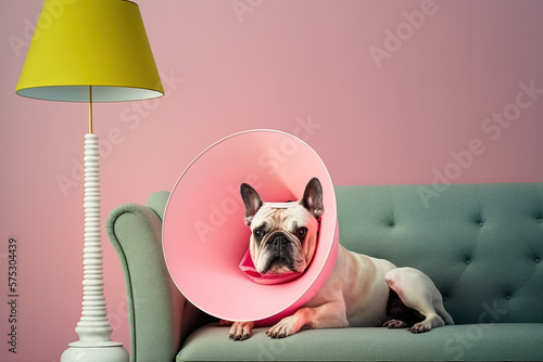 French bulldog dog with medical cone collar on blue couch, pink background. Generative AI