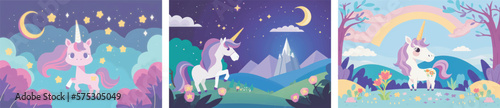Magical Vector Illustration of a Cute Unicorn Amidst a Stunning Nature Background, Featuring Lush Greenery, Trees, and Glittering Stars Perfect for Fantasy-Themed Designs, Children's Books, and Dream