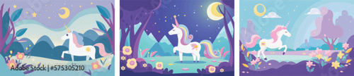 Magical Vector Illustration of a Cute Unicorn Amidst a Stunning Nature Background, Featuring Lush Greenery, Trees, and Glittering Stars Perfect for Fantasy-Themed Designs, Children's Books, and Dream
