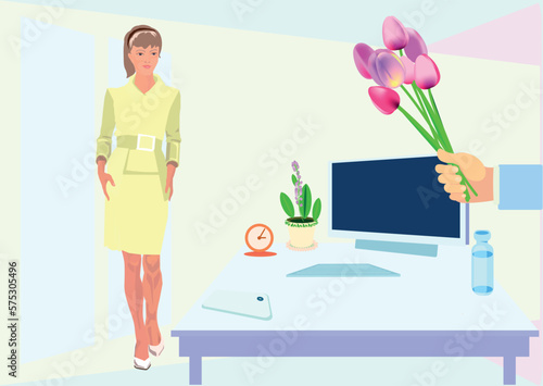 Holiday in the office. Congratulations on International Women's Day March 8. Any other congratulations. On the left side of the frame there is free space for text. Vector drawing.
