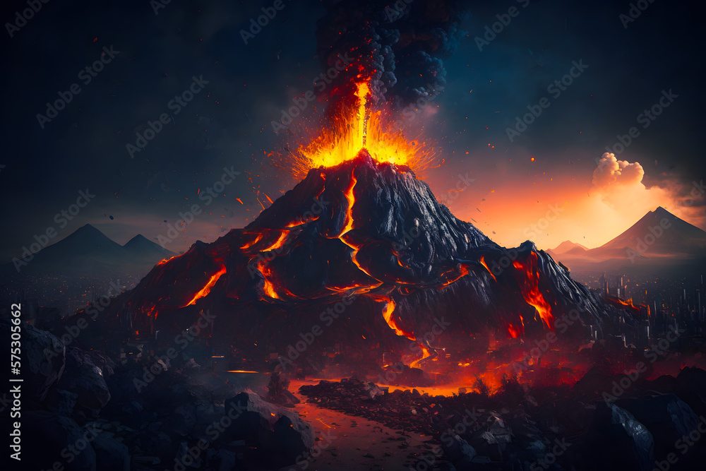 Volcanic eruption lava flows down the slopes, volcanic landscape. Generative AI