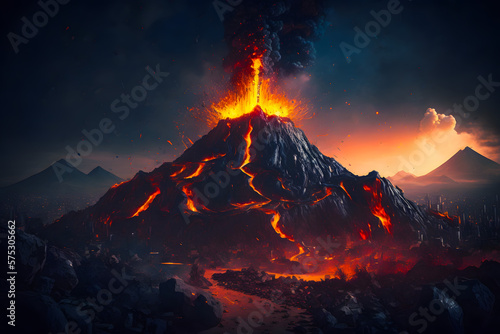 Volcanic eruption lava flows down the slopes, volcanic landscape. Generative AI