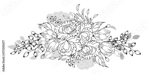 Floral composition, floral background with tender flowers and branches of buds. Hand drawing. For stylized decor, invitations, postcards, posters, cards, backgrounds, as clipart or coloring page.