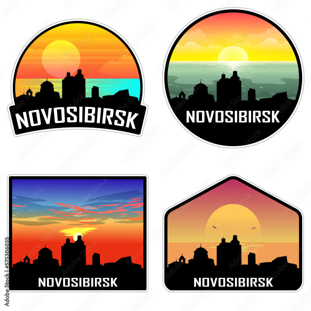 Novosibirsk Russia Skyline Silhouette Retro Vintage Sunset Novosibirsk Lover Travel Souvenir Sticker Vector Illustration SVG EPS AI