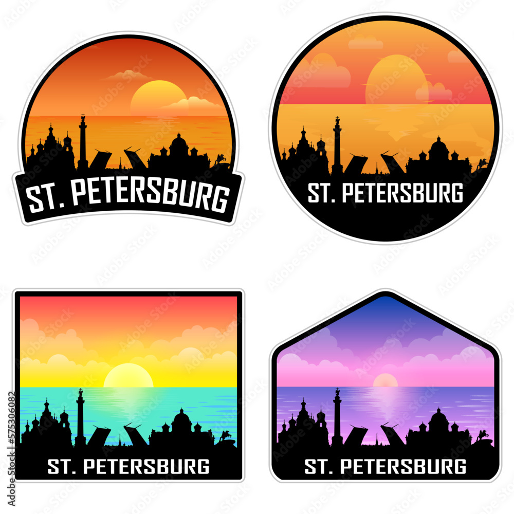 St.Petersburg Russia Skyline Silhouette Retro Vintage Sunset St.Petersburg Lover Travel Souvenir Sticker Vector Illustration SVG EPS AI