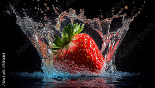 ripe strawberries fall into clear water .Water splash with splashes on a black background. AI generated