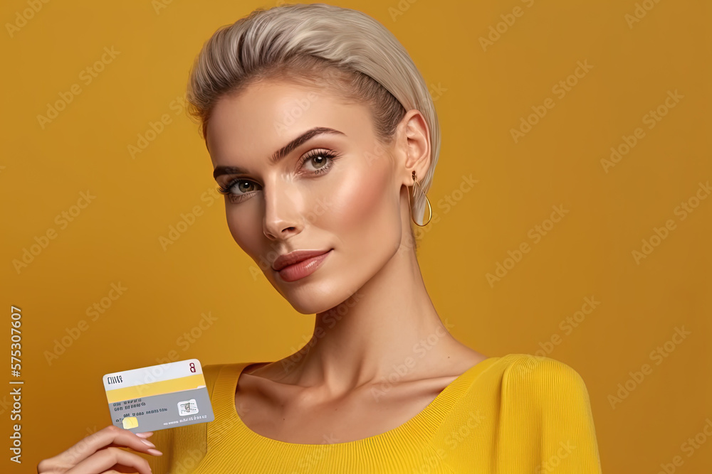 beautiful young woman holding a credit card on a yellow background.Generative AI beautiful young woman holding a credit card on a yellow background.Generative AI
