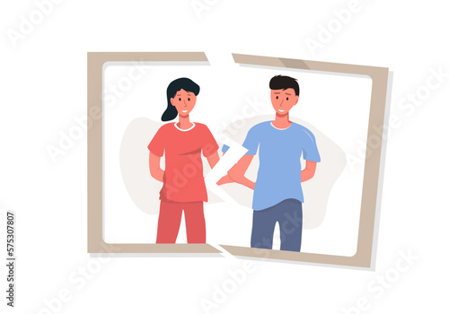 A broken picture with a man and a woman standing, the end of a relationship, the breakup of a couple