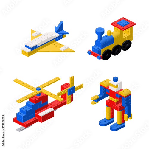 Objects built from plastic blocks, a helicopter, an airplane, a locomotive and a robot. Vector clipart