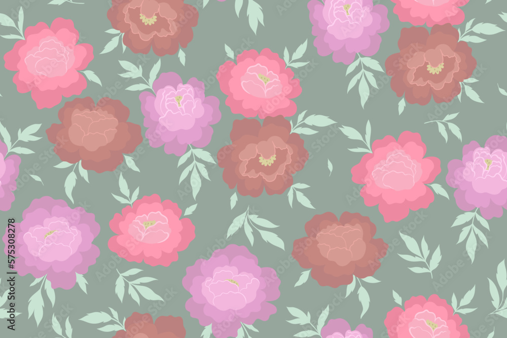 Seamless pattern with lilac and pink flowers on a green background. Vector graphics.