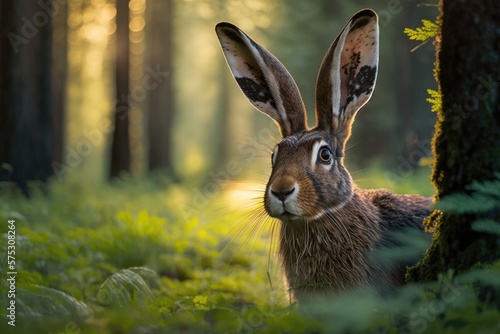 A wild hare sits in a forest. Photorealistic illustration generated by AI.