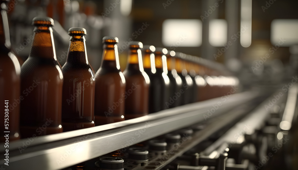 Line of brown and green glass bottles for beer transported by conveyor in contemporary brewery workshop closeup timelapse Line of brown and green glass bottles for beer transported by conveyor in contemporary brewery workshop closeup timelapse