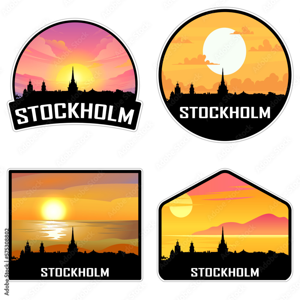 Stockholm Sweden Skyline Silhouette Retro Vintage Sunset Stockholm Lover Travel Souvenir Sticker Vector Illustration SVG EPS AI