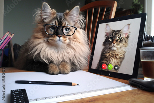 Remote Teaching in Grammar day | maine coon cat teaching kitten outside of physical classroom through new technology video conferencing software. Ai