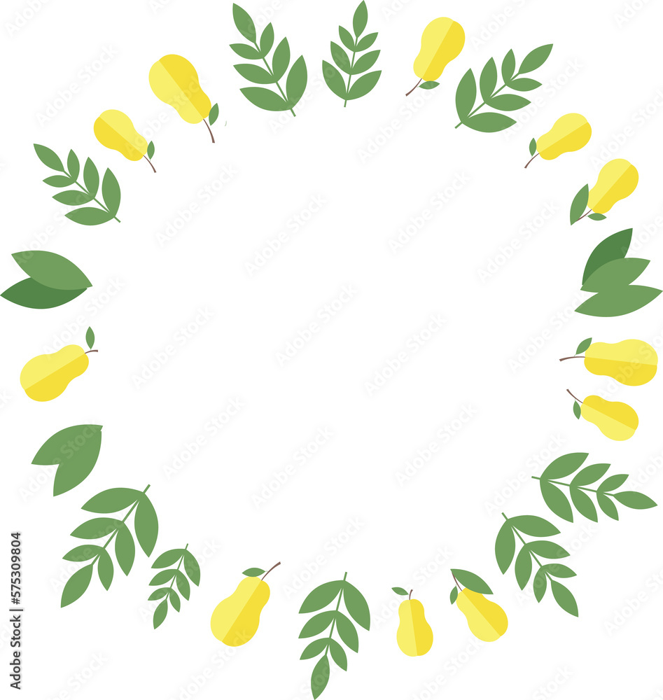 Round frame of pears and green leaves in flat Round frame of pears and green leaves in flat