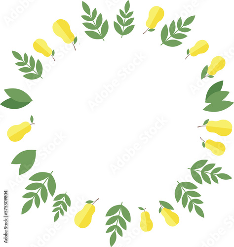 Round frame of pears and green leaves in flat