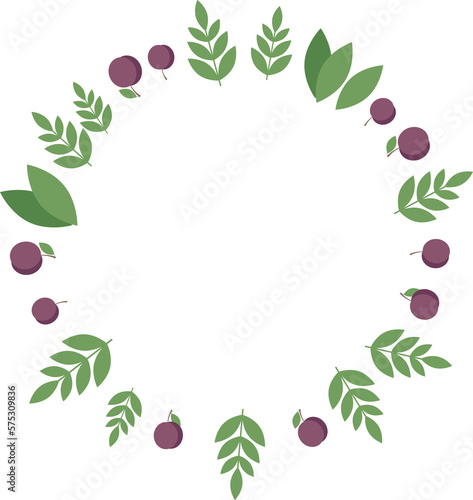 Round frame of plums and green leaves in flat