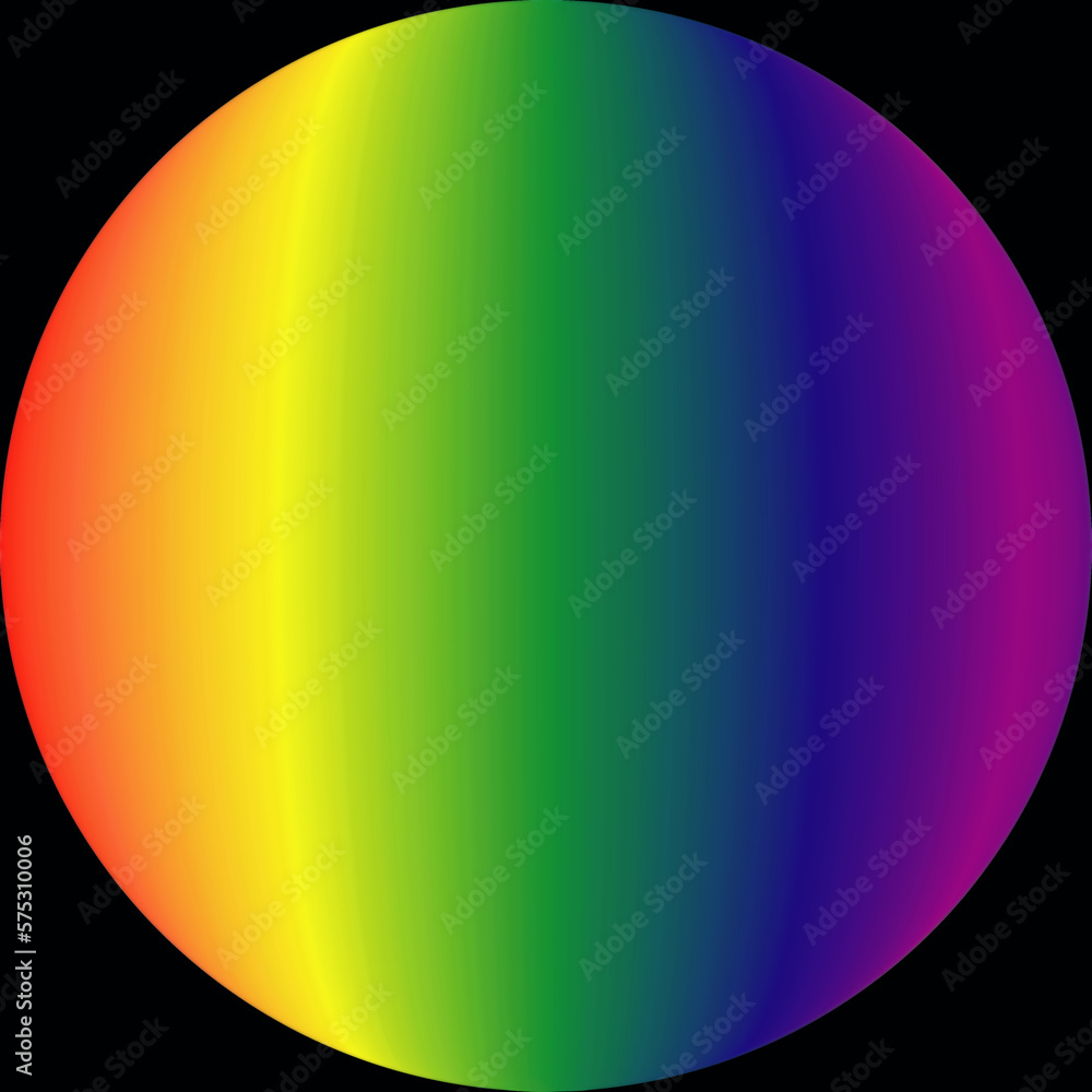 isolated rainbow color gradient finished abstract sphere on black background. illustration style raster image. vibrant bulging shape. art concept. red, orange, yellow, green, blue, violet