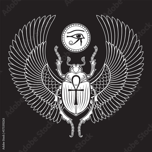 Sacred scarab beetle and eye of Horus ancient Egypt hand drawn vector illustration