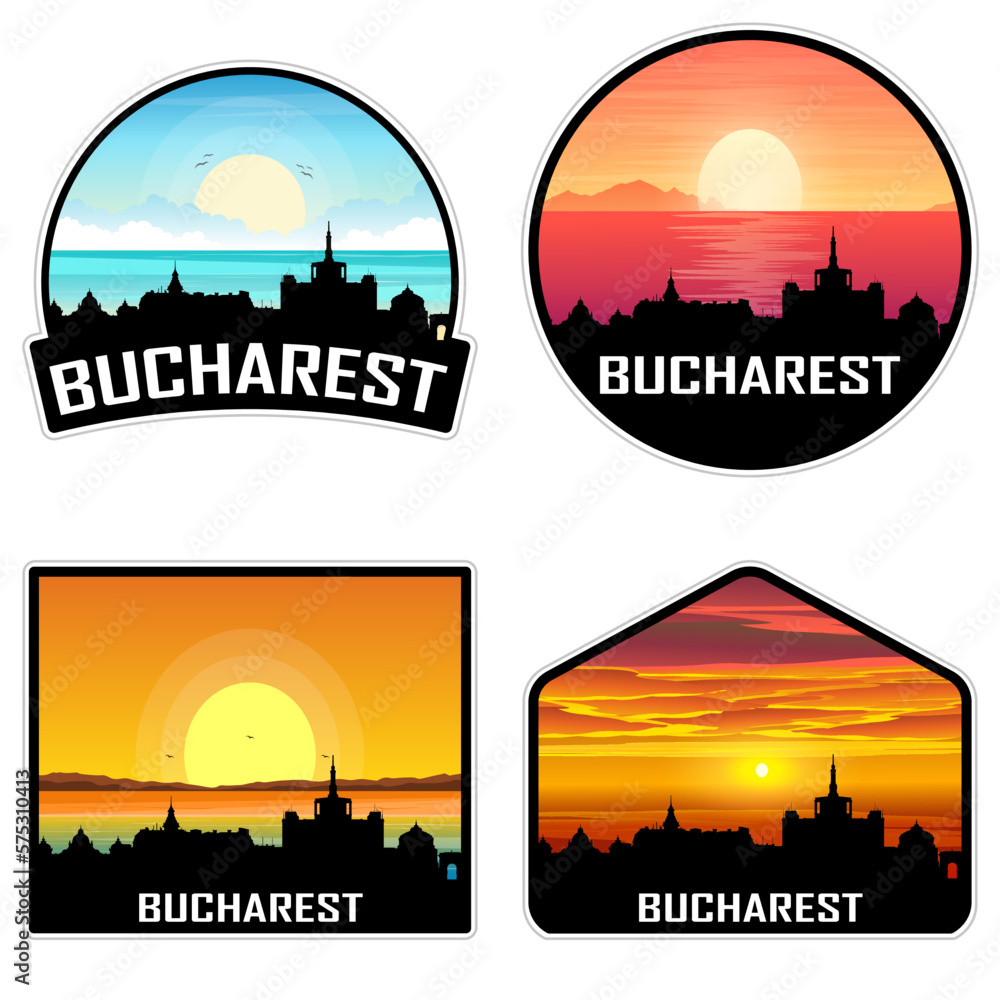 Bucharest Romania Skyline Silhouette Retro Vintage Sunset Bucharest Lover Travel Souvenir Sticker Vector Illustration SVG EPS AI