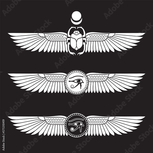 Sacred scarab beetle and eye of Horus ancient Egypt elements set hand drawn vector illustration