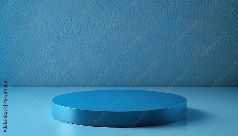 Blank product display on a blue studio background with a pedestal or podium. Empty showcase stand backdrops. 3D rendering. Generative AI. Blank product display on a blue studio background with a pedestal or podium. Empty showcase stand backdrops. 3D rendering. Generative AI.