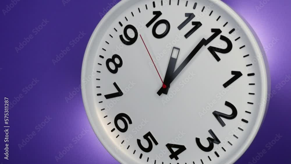 A White Wall Clock On Purple Background With A Time Of 11.00 Am Or Pm. A Black Hands and Red Second Hand Of The Clock. Timelapse. 4k. ProRes. A White Wall Clock On Purple Background With A Time Of 11.00 Am Or Pm. A Black Hands and Red Second Hand Of The Clock. Timelapse. 4k. ProRes.