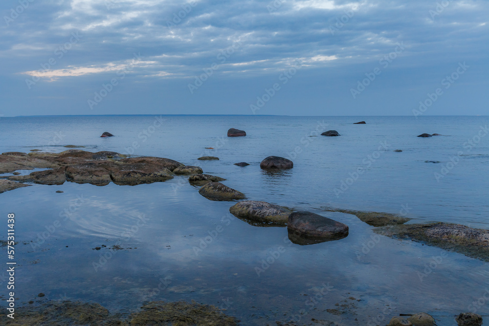 Fototapeta premium Beautiful sea shore view with with moss-covered rocks. Algae growing on seaside rocks. Blue hour time