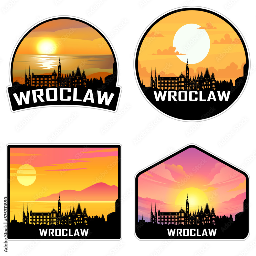 Wroclaw Poland Skyline Silhouette Retro Vintage Sunset Wroclaw Lover Travel Souvenir Sticker Vector Illustration SVG EPS AI