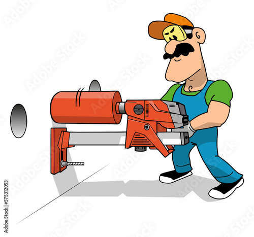 Worker in overalls drills a hole in the wall with a diamond drill