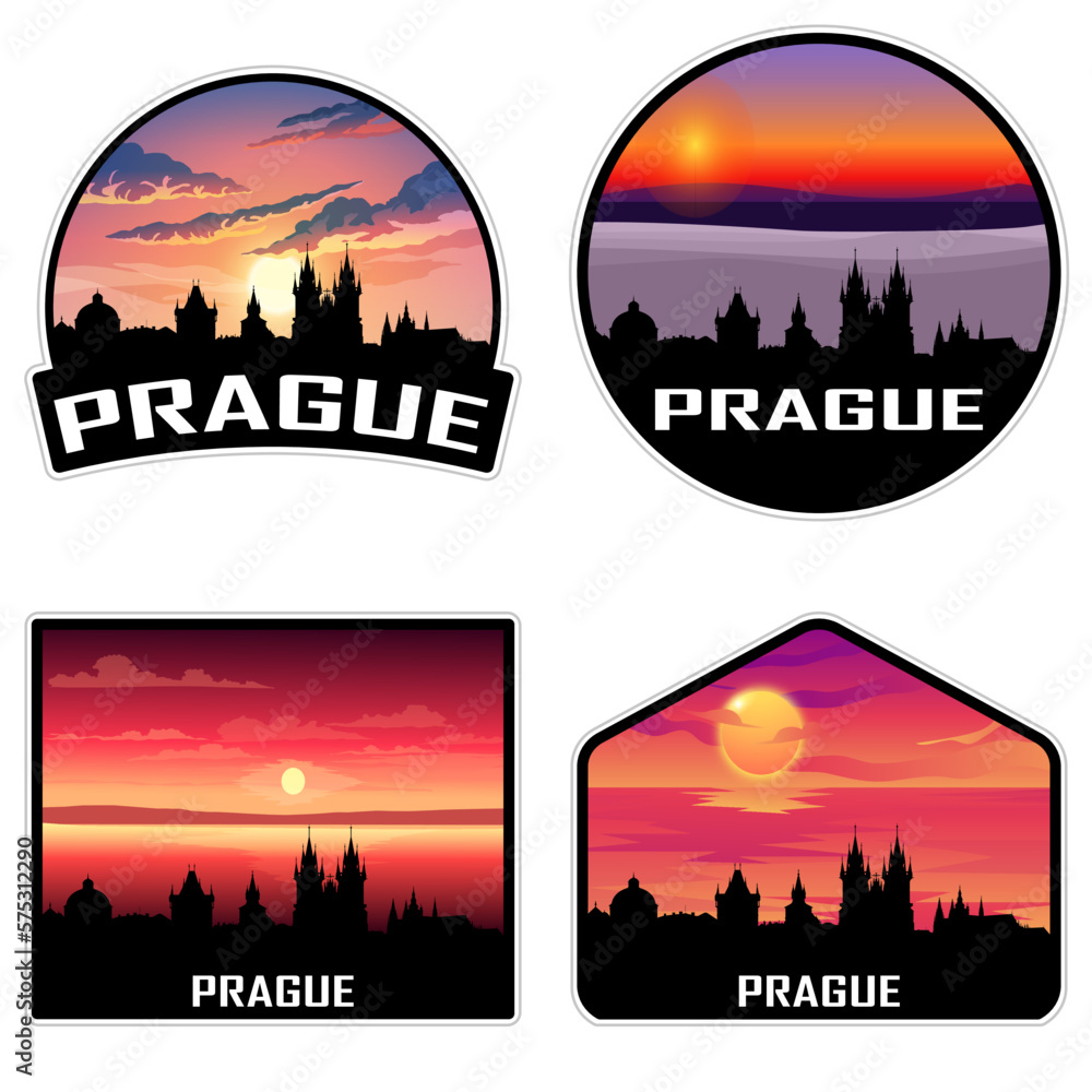 Prague Czechia Skyline Silhouette Retro Vintage Sunset Prague Lover Travel Souvenir Sticker Vector Illustration SVG EPS AI
