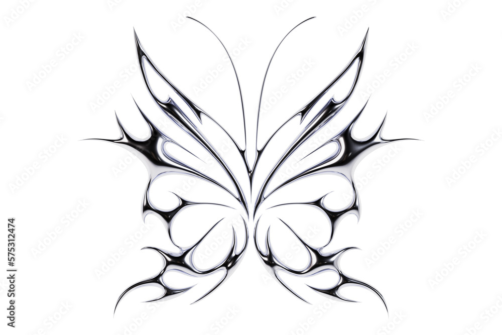 3d chrome metal of y2k butterfly icon. Flame butterfly tattoo shape in ...