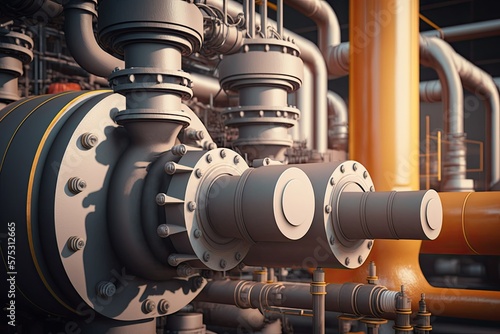 A region with heavy industry, Machinery used in the refining of crude oil, Detail of oil pipeline with valves in massive oil refinery, industrial pipelines in close up. Generative AI