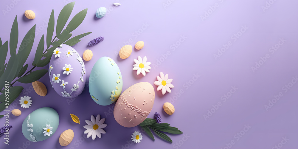 Easter eggs with spring flowers and leaves. Top flat view with pastel pink and white colors background. Banner of sweet dyed eggs for Passover with copy space. . Easter eggs with spring flowers and leaves. Top flat view with pastel pink and white colors background. Banner of sweet dyed eggs for Passover with copy space. .