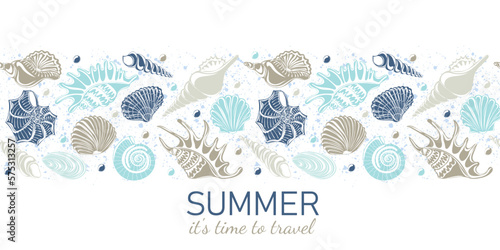 Summer it's time to travel. Horizontal seamless background with different seashells on a white background. Vector illustrations
