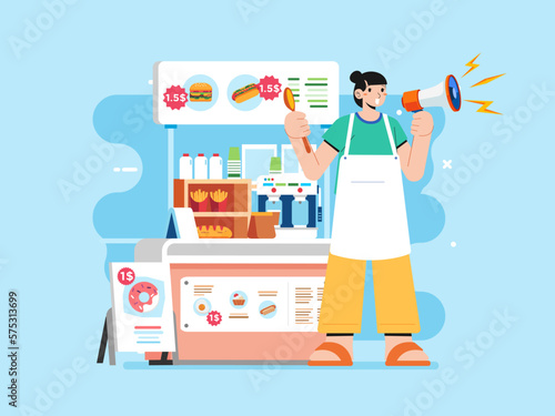 Young girl Happy holding megaphone shouting loud calls customers announcing coffee stall Promotion advertising concept