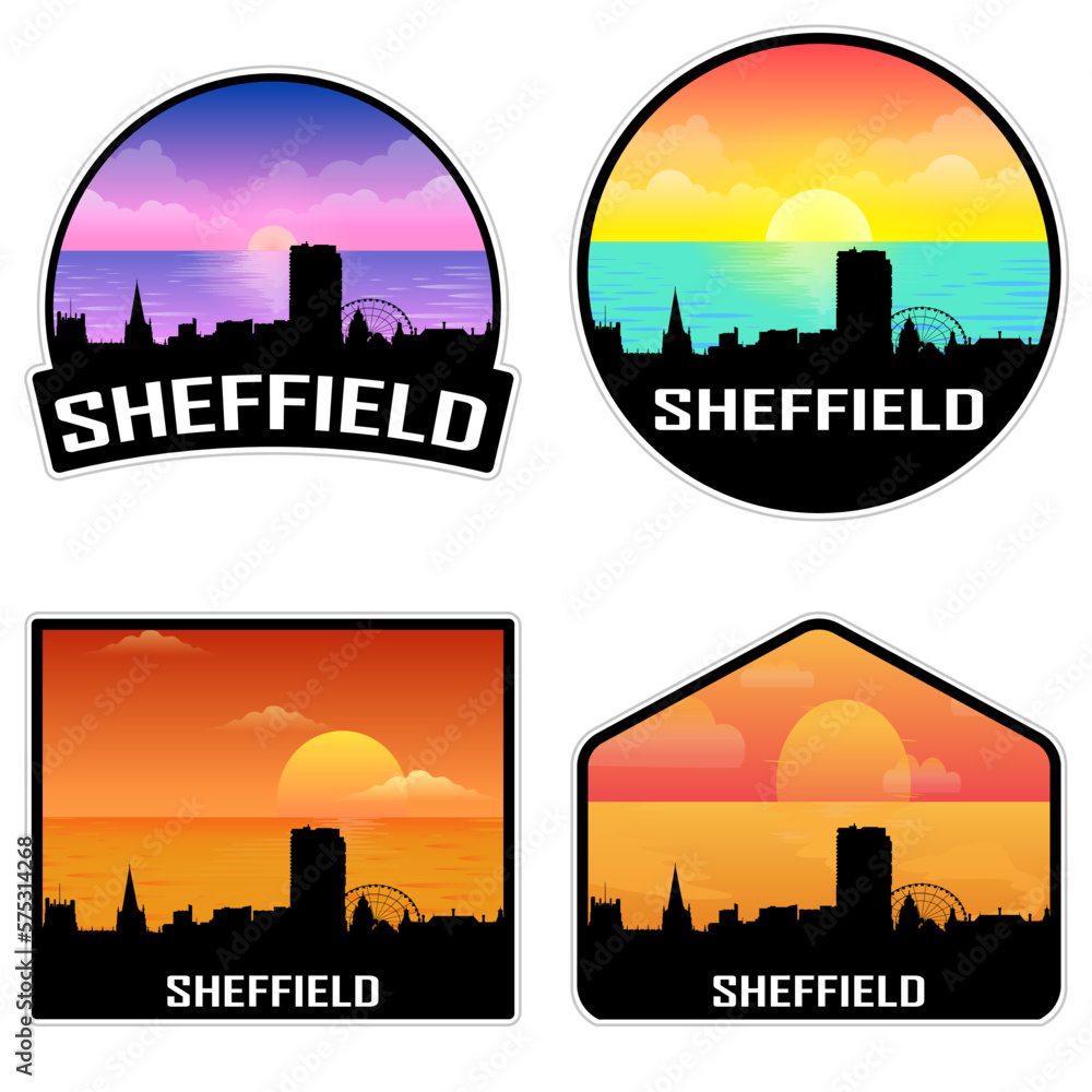 Sheffield England Skyline Silhouette Retro Vintage Sunset Sheffield Lover Travel Souvenir Sticker Vector Illustration SVG EPS AI