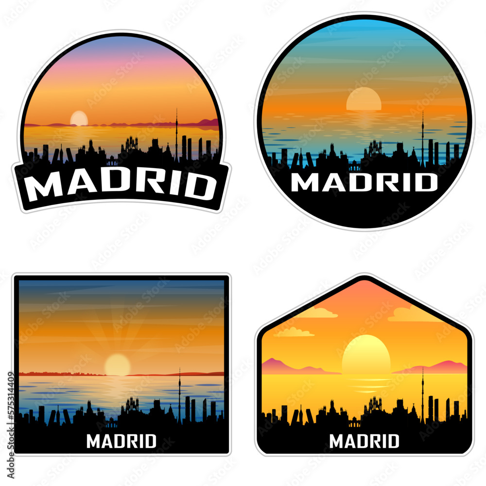 Madrid Spain Skyline Silhouette Retro Vintage Sunset Madrid Lover Travel Souvenir Sticker Vector Illustration SVG EPS AI