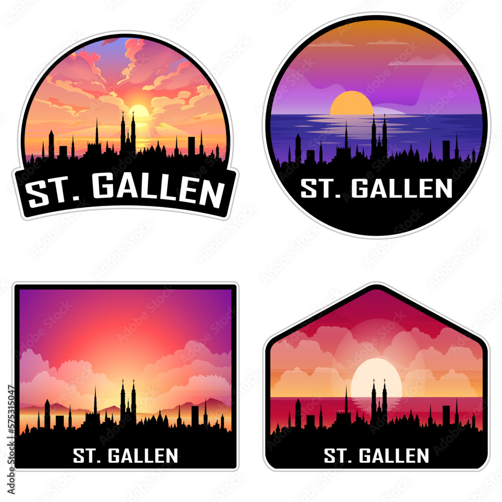 St. Gallen Switzerland Skyline Silhouette Retro Vintage Sunset St. Gallen Lover Travel Souvenir Sticker Vector Illustration SVG EPS AI
