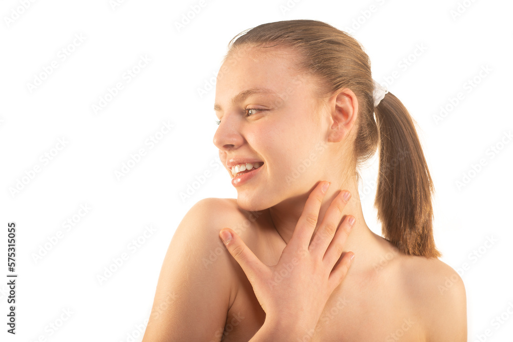 Girl with beautiful face touching her neck isolated on white background Girl with beautiful face touching her neck isolated on white background
