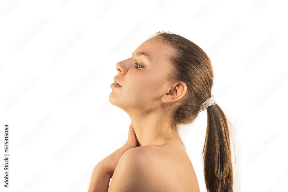 Cute girl isolated on white background. Clean face. Beauty concept Cute girl isolated on white background. Clean face. Beauty concept
