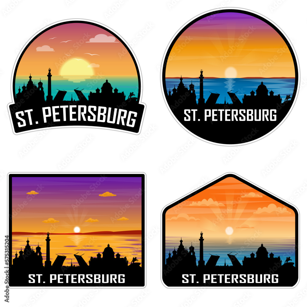 St.Petersburg Russia Skyline Silhouette Retro Vintage Sunset St.Petersburg Lover Travel Souvenir Sticker Vector Illustration SVG EPS AI