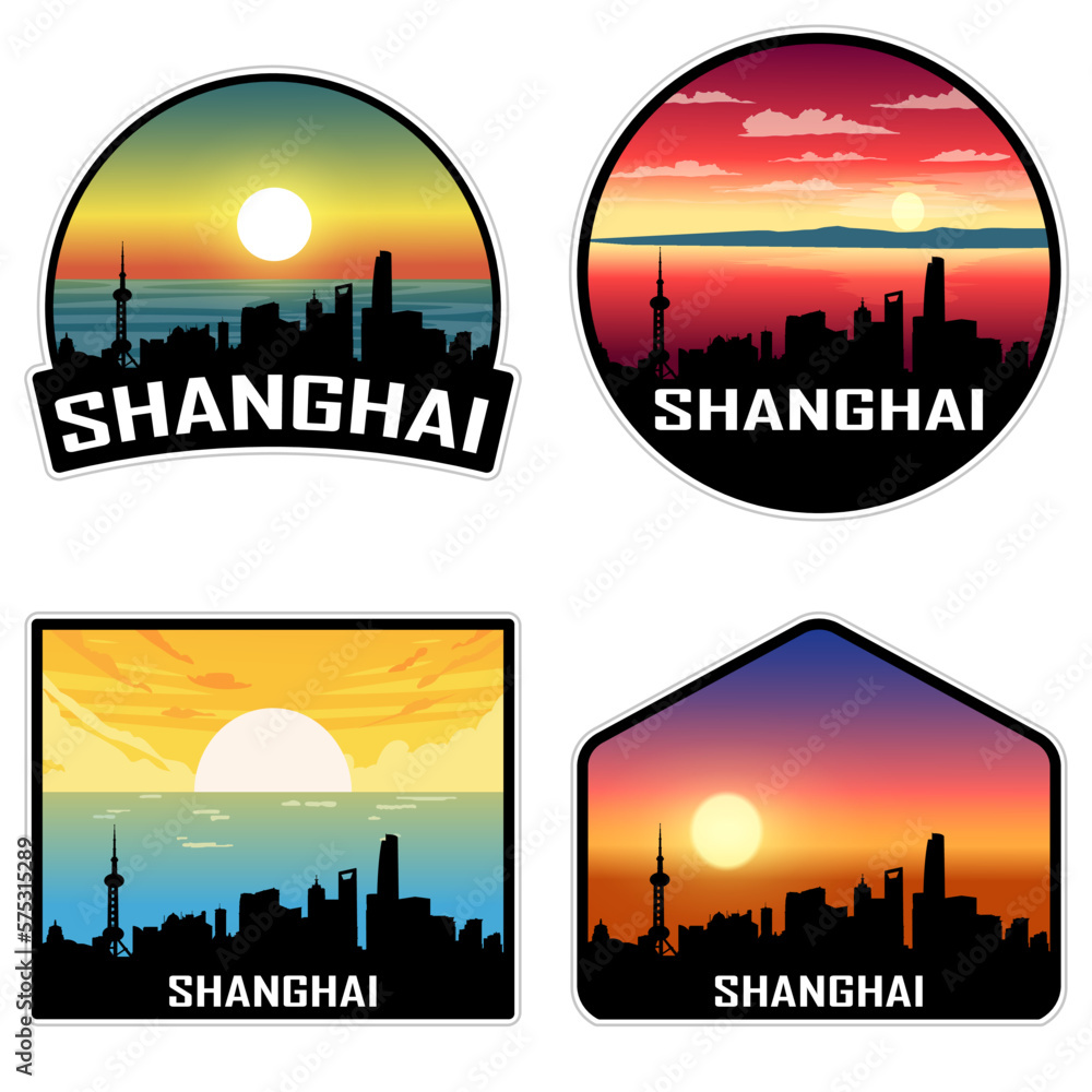 Shanghai China Skyline Silhouette Retro Vintage Sunset Shanghai Lover Travel Souvenir Sticker Vector Illustration SVG EPS AI